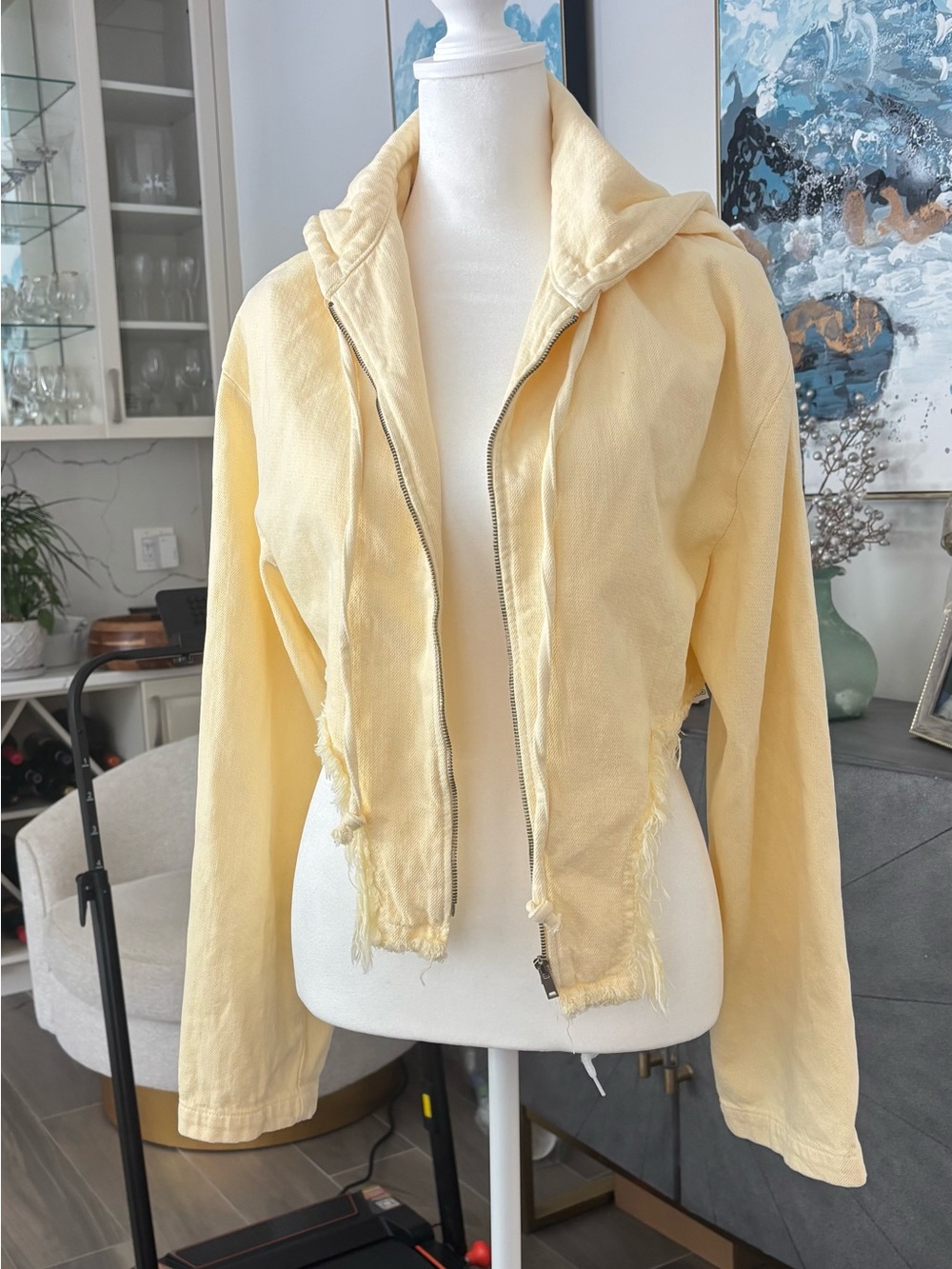 Zara Pale Yellow Hooded Denim Jacket with Frayed Hem